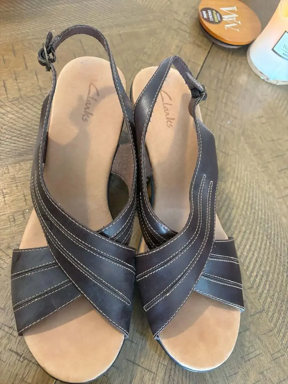 Clarks Women's Brown Leather Slingback Wedge Sandals